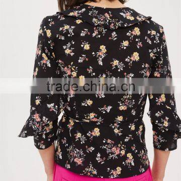 Ruffle Cuffs V-Neckline Flower Print Ruffle Wrap Top Ladies Tops Latest Design