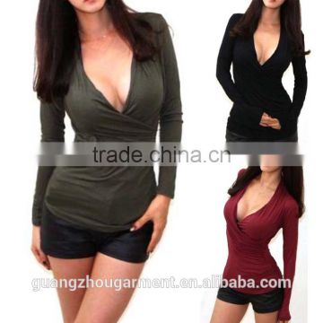 2015 cheap sexy women plain jersey long sleeve low cut v neck wrap stretch fitted blouse