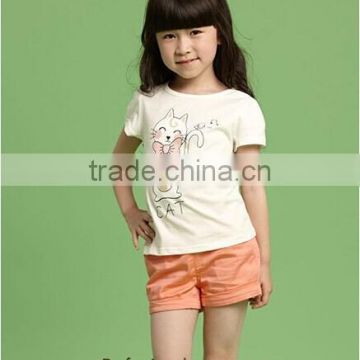 new arrival girls clothing suit cat printed cotton t shirt and orange cotton short pants for 2-12 years old girls factory price