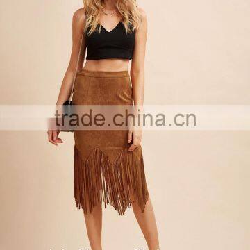 Latest Long Skirt Design Suede Fringe Trim Bodycon Skirt Ladies Designer Suits Skirt photo-4