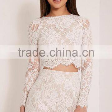 Crochect White Lae Designs Long Sleeve Two Piece Sets Lace Crop Top and Short Pants Designs photo-2