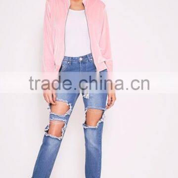 Custom Design Women Baseball Zip Up Bomber Baby Pink Plain Velvet Bomber Jacket Outwear photo-6