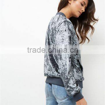 Women Fitness Shiny Velvet Bomber Jacket Ribbed Trim Zip Up Coat With Pocket Sides Outwear photo-4