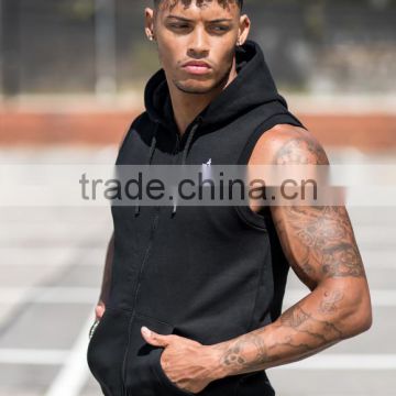 Men's Sleeveless Full Zip Gym Hoodie Tailored Fit Tracksuit Top Black Cotton Fleece Hoodie Jacket