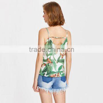 Hot Design Floral Print Sexy Top, Ladies V Neck Silk Short Tan Top photo-3