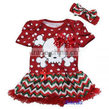 Newborn Baby Red White Polka Dots Green White Chevron Skull Pettiskirt Bodysuit Romper and Headband NB-18M