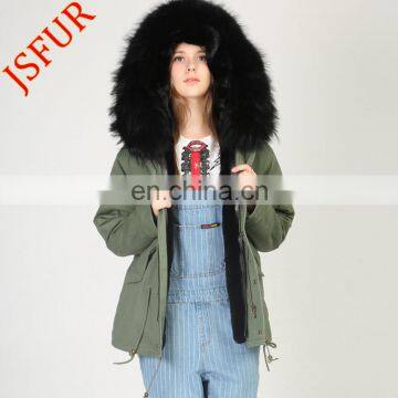 Couple style Army green removable faux fur lined 100% raccoon fur hooded fur parka