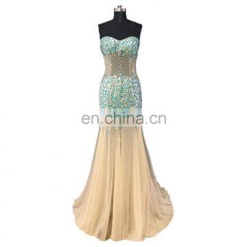 Popular High Quality Tulle Beaded Floor Length Zipper Sequins Sweetheart Sleeveless Backless Women Prom Dress