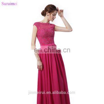 Rose Red Bridesmaid Dresses Lace Applique With Cap Sleeves High Neck Floor Length Chiffon Long Brides Maid Dress Vestidos De photo-2