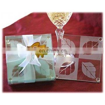 "Fall in Love" Frosted Leaf Design Glass Coaster Set