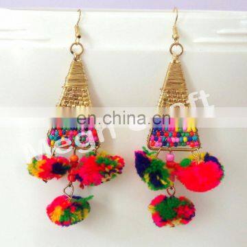 Pom Pom Earrings - Lantern Dangle Bohemian Boho Pom Pom Earrings - Gypsy Wood Pom Pom Earrings photo-2