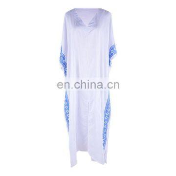 2019 Casual V-Neck Bats Sleeve Side Split Beach Kaftan Loose Summer Dress White Cotton Tunic Women Street Wear Maxi Dress photo-5