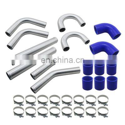 AUSO 3.0' 76mm Turbo Intercooler Pipe Chrome Aluminum Piping Pipe Tube+t-Clamps + Silicone Hoses Blue