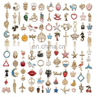 110pcs Assorted Plated Enamel Animal Plant Fruit Moon Star Random Charms Pendants for DIY Necklace Bracelet Jewelry Making