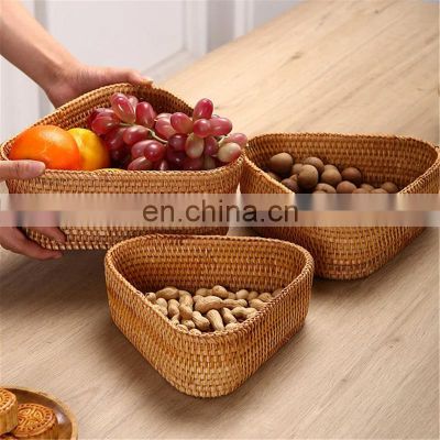 Hot SAle Rattan Woven Triangle Tray Set Of 3, Handcrafted Fruit Bread Nuts Candies Storage Box Basket