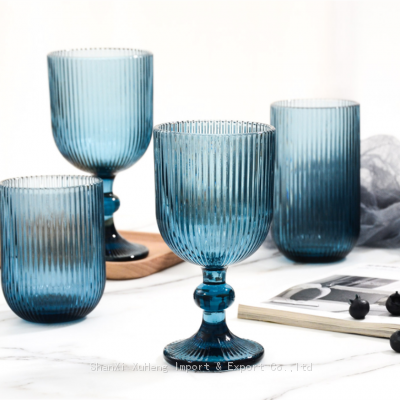 Ribbed Luxury Christmas Navy Blue Solid Color Goblet Wine Glass And Drinking Tumbler Ice-Cream Glass Cup