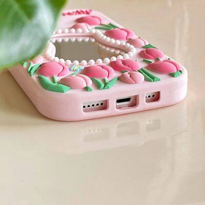 Pink Tulip Mirror Silicone Case IPhone 15 14 13 Pro Max Shockproof Case Back Cover photo-2
