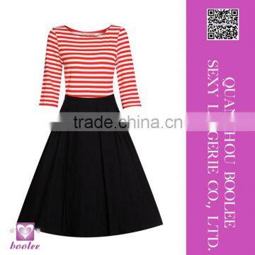 New Women summer retro elegant striped stitching half sleeve big swing dress