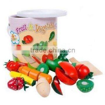 Childrens wooden fruits and vegetables cutting toy with barrel for wholesale