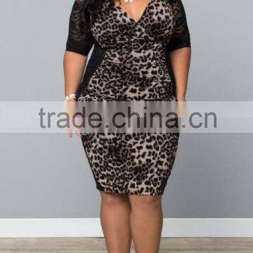 F20449A Fashionable dress plus size sexy dress deep v neck leopard print lace matching plus size women clothing for fat ladies                        
                                                                                Supplier's Choice