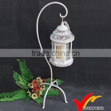 Metal Distressed White Candle Lantern Floor Stand