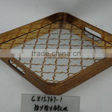 Golden Painted Square Wooden Glass Mirror Tray