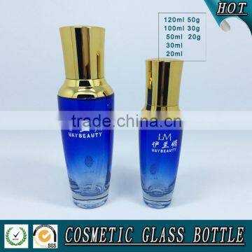 Bule Colored Glass Cosmetic Serum Bottle and Glass Cosmetic Cream Jar With Gold Pump Lid photo-3