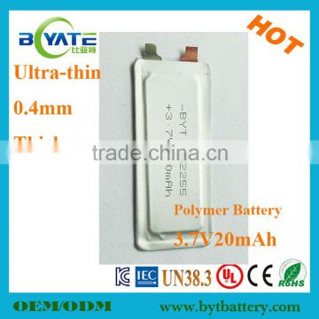 High Qaulity 3.7V20mah 0.4mm Polymer Thin Battery Cell