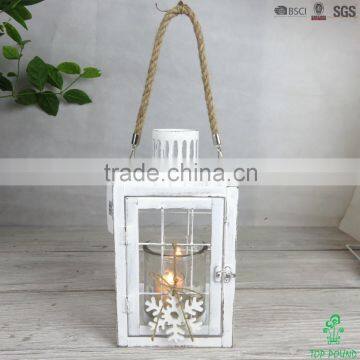 S size Antique White Metal Lantern with glass candle holder and jute rope handle