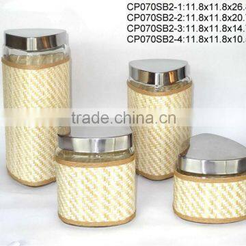 CP070SB2 triangle glass jar with weaved coating