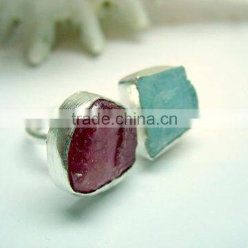 Ruby & Aquamarine Rough Natural Gemstones Rings, Matt Finish Adjustable Rings, 925 Solid Sterling Silver Rings photo-4
