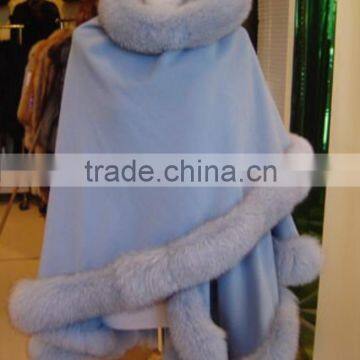 2016 popular color baby blue cashmere capes with fox fur trim for women