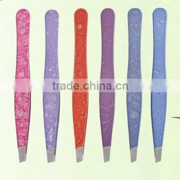 MJ-79 stainless steel slanted tip beauty pattern lady tweezers eyebrow tweezer lady design tweezers