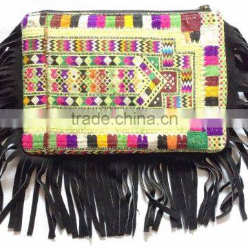 Multi color Ethnic embroidery Black Leather fringes vintage banjara gypsy small clutch purse