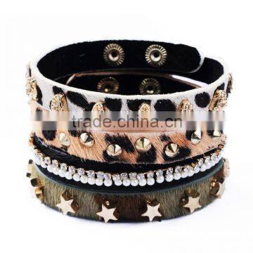 Korean Style Rivet Skull Star Tiny Crystal Pearl Beads Bangles Leopard Animal Fur Pattern Punk Bangles Jewelry Sets For Women