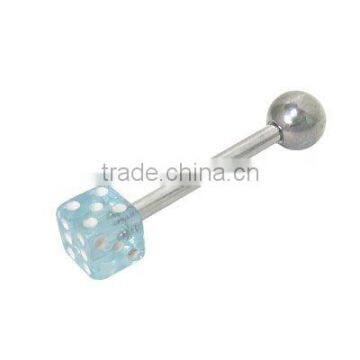 Straight Barbell Tongue Ring Surgical Steel with Light Blue UV Acrylic Dice Body Jewelry Piercing