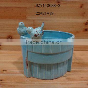 Ceramic flower vase and pot with bird decoration