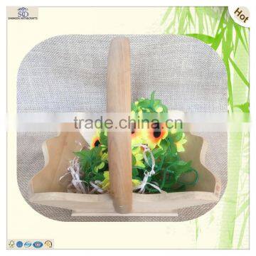 Hand Carved Large Arched Handle Wood Flower Basket