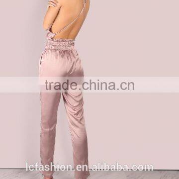Low Back Cross Back Pink Satin Pictures of Sexy Girls Wearing Jumpsuit photo-4