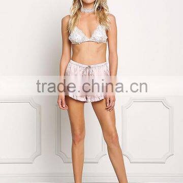 MGOO Foshan Manufacturer Satin Ruffle Trim Shorts High Waist Stretch Sleepwear Pink Plain Shorts photo-3