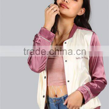 Custom Logo Women Button Coat Satin Letter Print Bomber Jacket Mauve Ribbing Trim Baseball Outwear photo-4