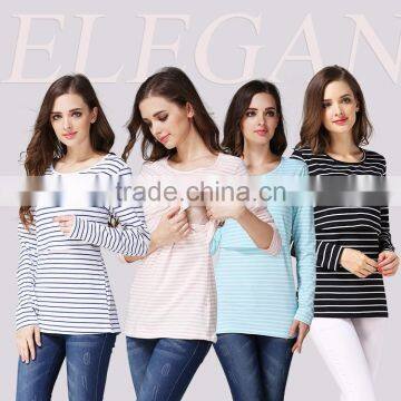 Simple Stripe Maternity Clothing Convenient Breastfeeding Nursing Long Sleeve T-shirts for Spring and Autumn