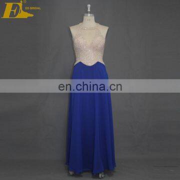 Bling Bling Beaded Halter Top Long Blue Chiffon Evening Prom Dress 2017