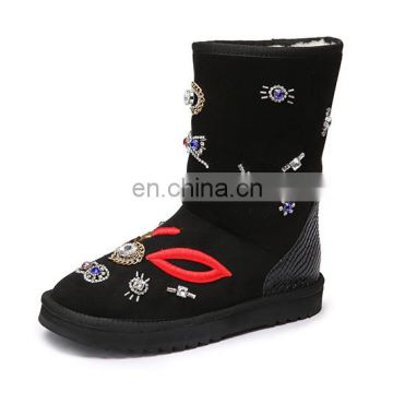 Aidocrystal Fashion Sexy black comfort Red lip and lipsticks pattern boots with rhinestone upper for women