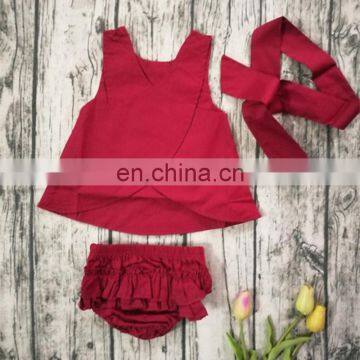 2019 Summer red girls dress & ruffle bloomer pants & headband 3pc set