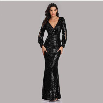 Womens Sexy Long Sleeve V Neck Embroidered Shining Sequins Evening Maxi Dress photo-3