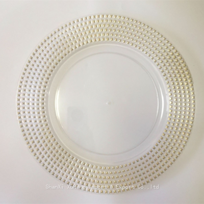 Decorative Wedding Dish Favor Round Clear Plastic Charger Plate With Soft Light Gold Beads Rim