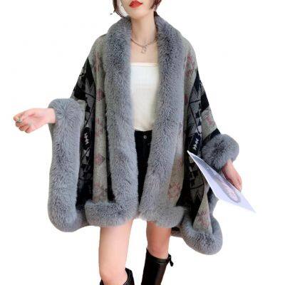Autumn and winter large loose imitation Rex rabbit fur collar slit design knitted fur cape warm cloak