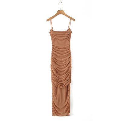 025 New Fashionable Elegant Women's Dress, Stretch Mesh Ruched Long Dress Gown
