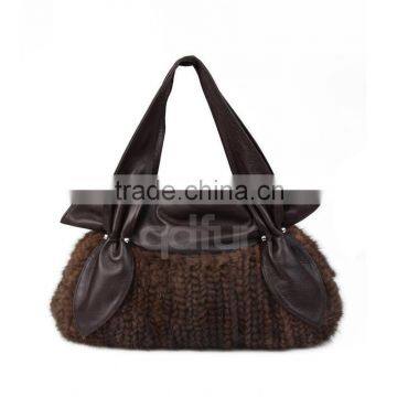 QD30418 Woman Knit Real Mink Fur Handbag And Sheep Leather Bag